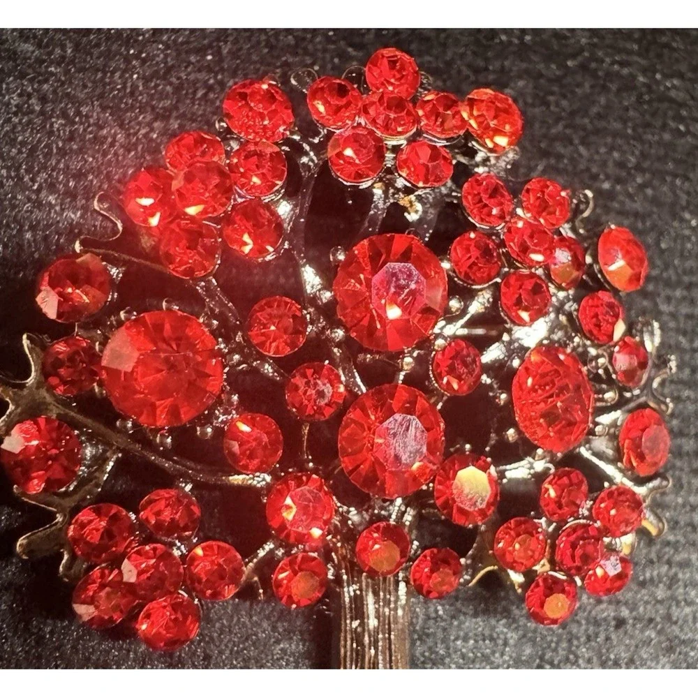 Vintage Red Rhinestone Tree Brooch Silver Tone Figural Statement Pin